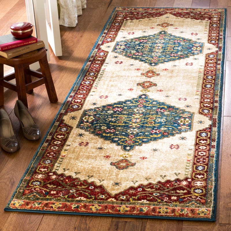 SAFAVIEH Kashan Candice Oriental Rug with Fringe - 2'6" x 8' Runner - Blue/Red