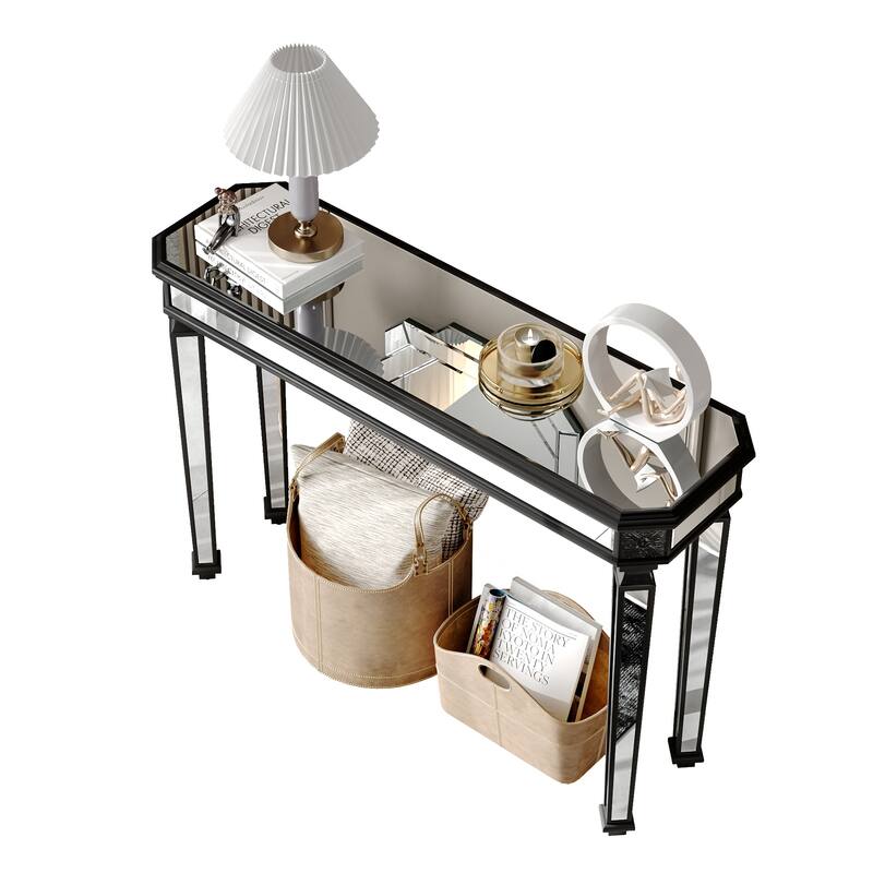 Roomfitters 48" Mirrored Console Table, Carved Wood Entryway Sofa Table with Silver Glass & Black Finish