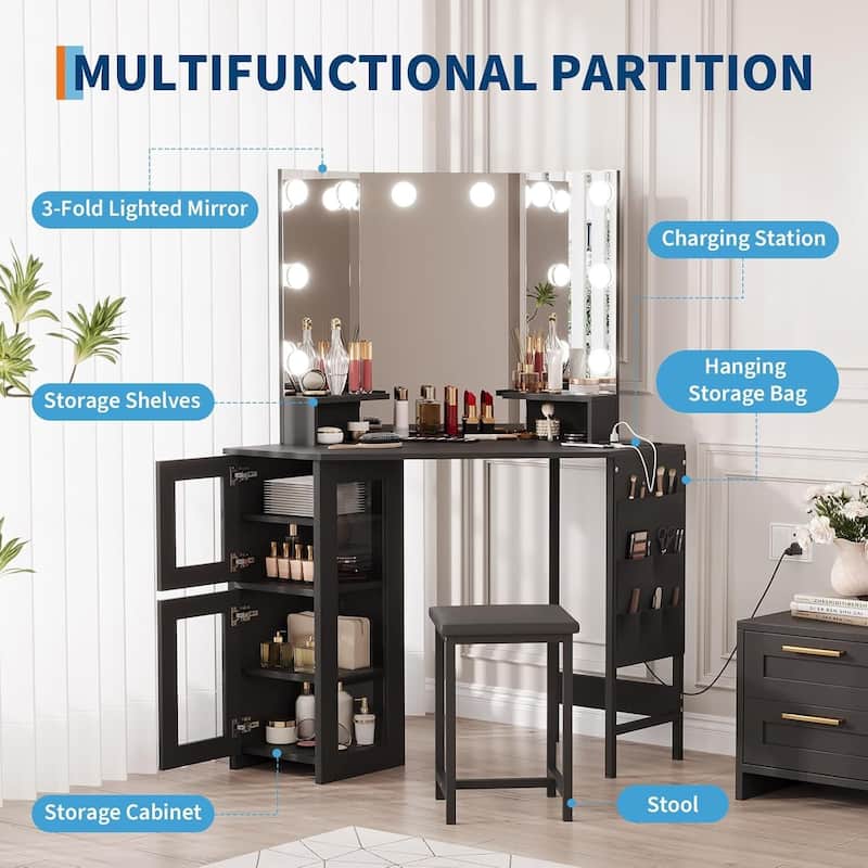 Corner Vanity Desk and Stool, Makeup Dressing Table Set with Light Bulbs Mirror