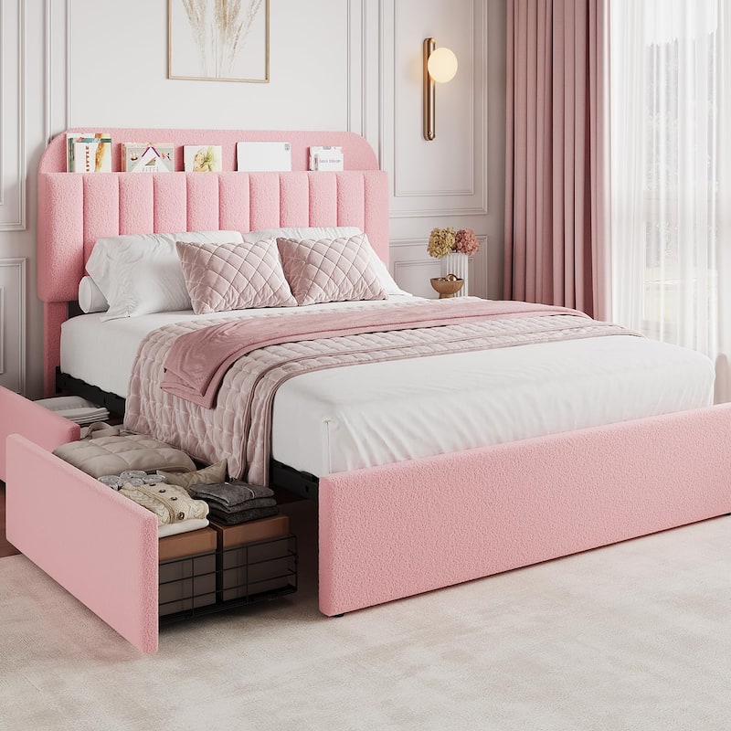 Twin XL/Queen Bed Frame with 2 Flexible Drawers and Bookcase Headboard, Boucle Upholstered Platform Bed for Boys/Girls - Queen - Pink
