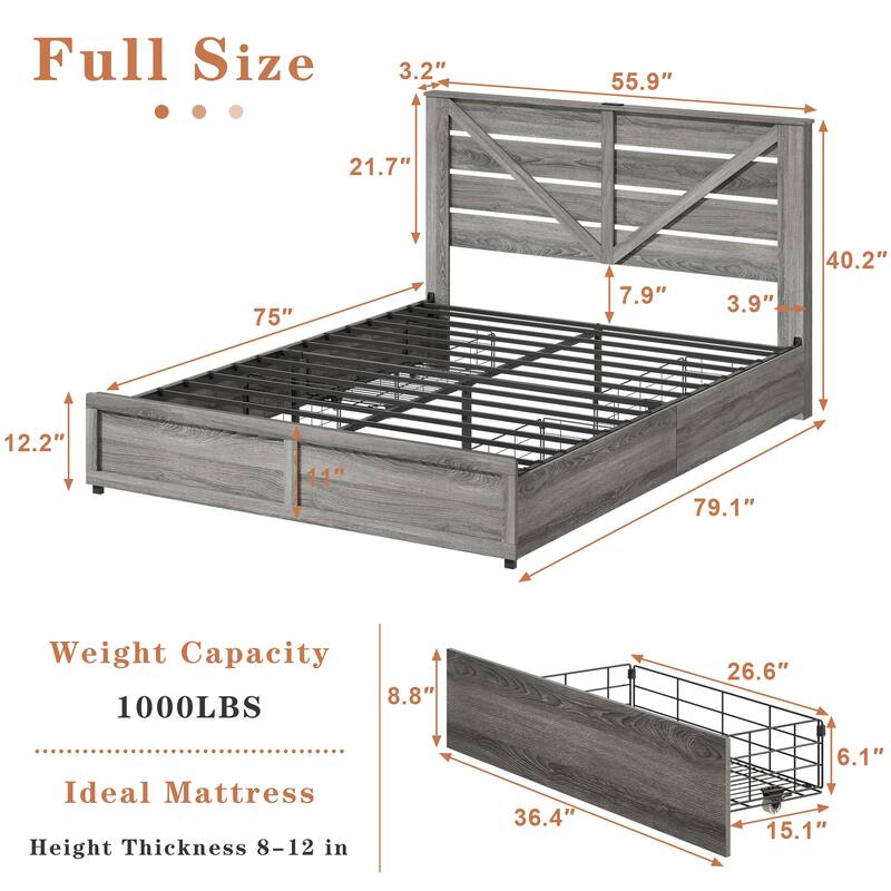 Queen/Full Storage Bed Frame with Headboard Storage, 4 Drawers & LED Lighting - Anti-Slip Noise-Free Metal Support Platform