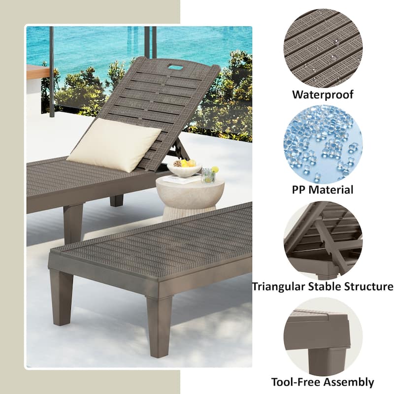 2-Piece Outdoor Chaise Lounges Resin Pool Lounge Chairs Outdoor Chaise Lounge Chair Set with Adjustable Backrest (Set of 2)