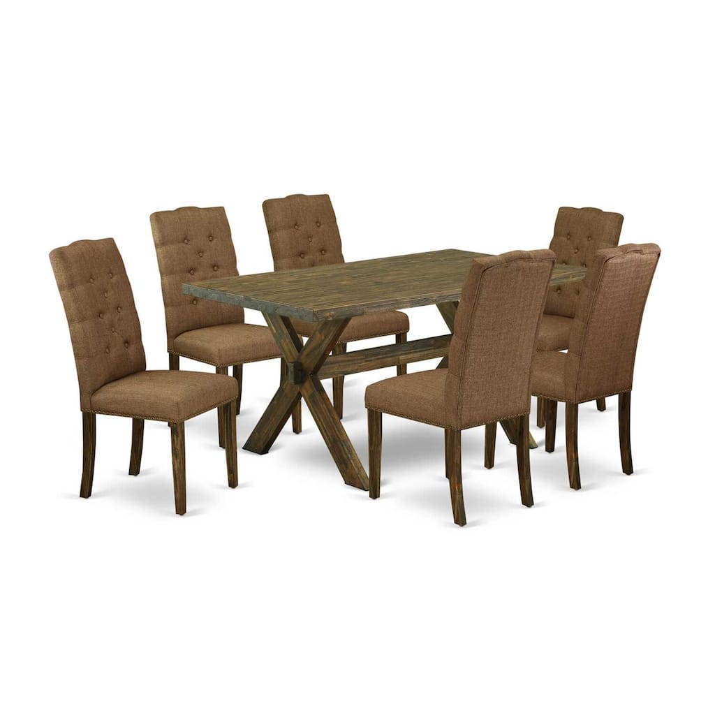 HomeStock 7-Pc Rectangle Natural Oak Finish Solid Wood Top Dining Table with 6-Chairs