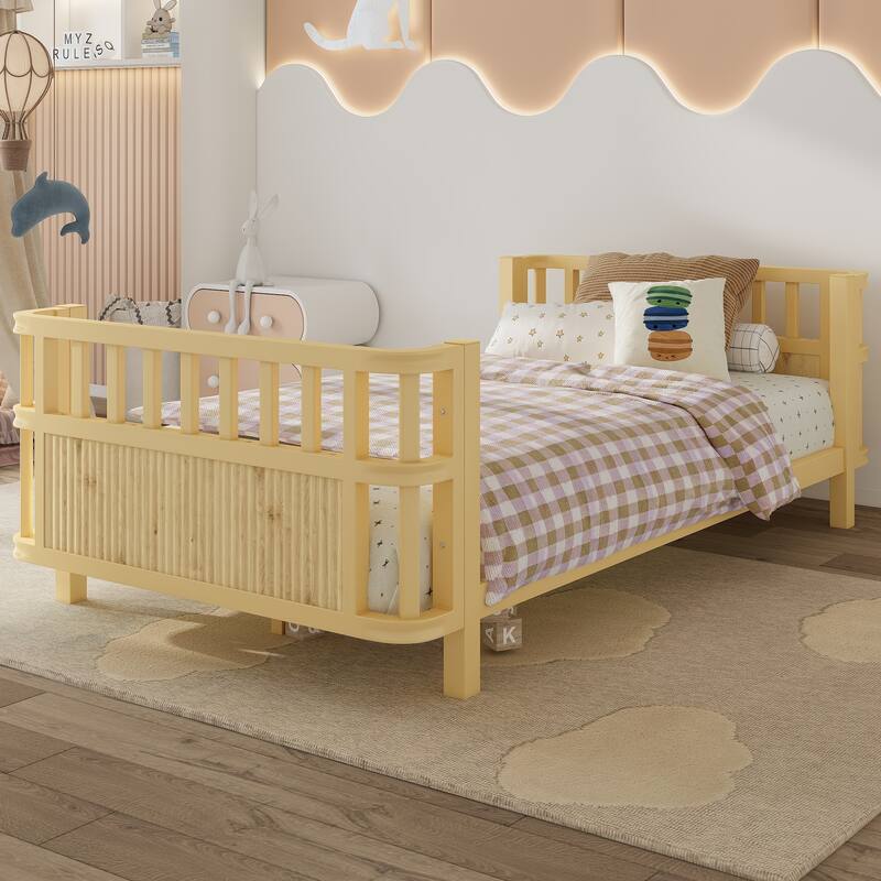 Children's double wooden platform bed with railings, a low iron double bed with railings, suitable for girls and boys (Twin)