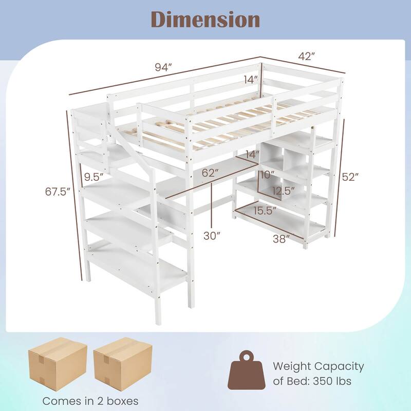 Gymax Twin Size Loft Bed w/ Desk & Storage Stairs Solid Wood Loft Bed
