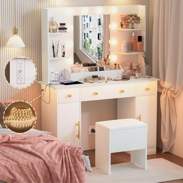 Vanity Desk with Mirror and Lights 43 White Makeup Dressing Table Set with 5 Drawers Chair Power Outlet for Women Girls Bed Bath Beyond 41073660
