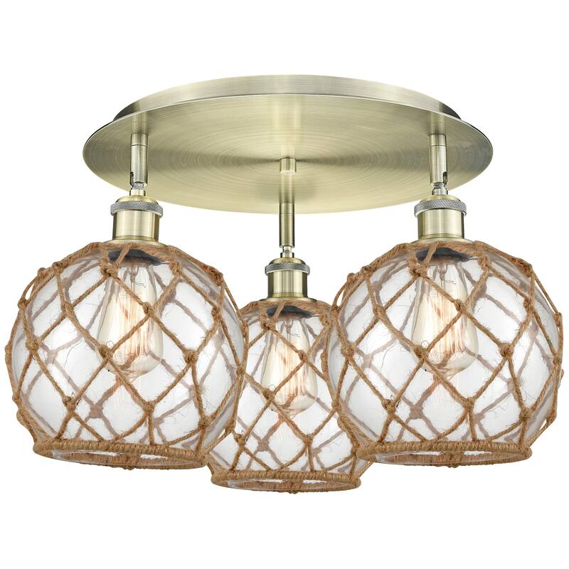 Innovations Lighting 516-3C-12-20 Farmhouse Rope Semi-Flush Farmhouse - Antique Brass / Clear Glass with Brown Rope