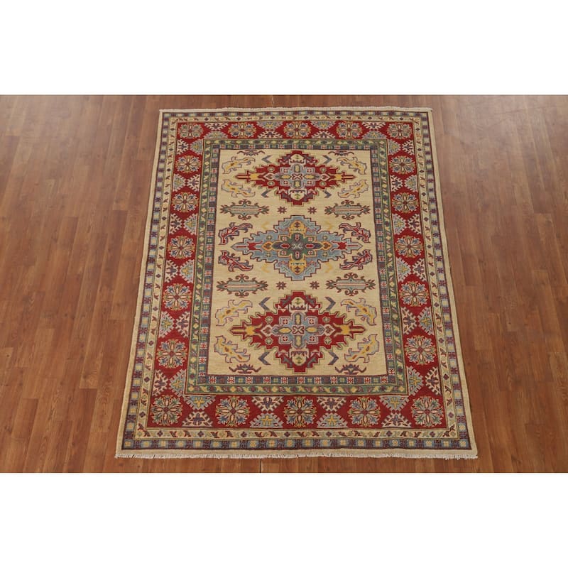 Kazak Area Rug Handmade Oriental Yellow Wool Carpet - 5'2" x 6'7"
