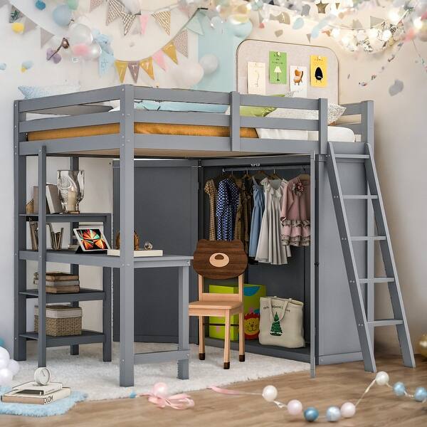 slide 2 of 13, Full Size Loft Bed With Wardrobe and Desk and Shelves for Home Grey