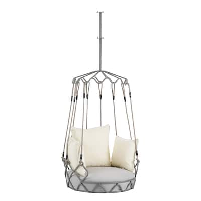 Beige Hanging Swing Chair with Thick Cushion and Rope Suspension for Patio Balcony or Living Room - 34”L x 32”W x 49.8”H