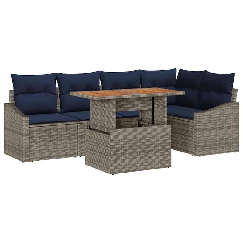 vidaXL 6 Garden Sofa Set with Cushions Black/Grey Poly Rattan - 92.1 x 48.6 x 27.2