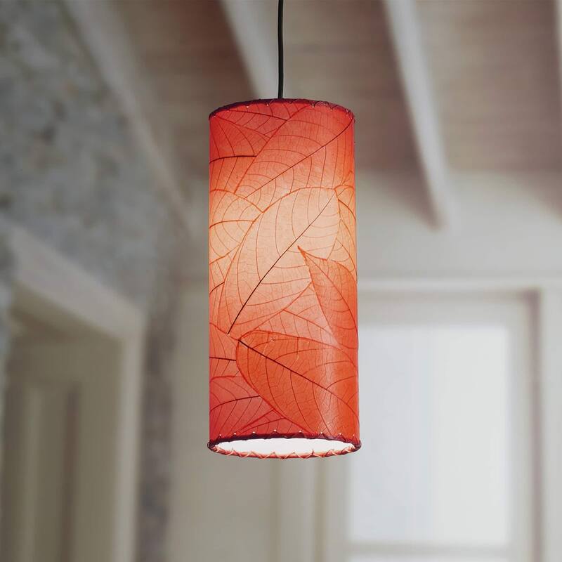 Handmade Cylinder Pendant, Cocoa Leaves Shade, 7 x 7 x 17 in. - 7 x 7 x 17