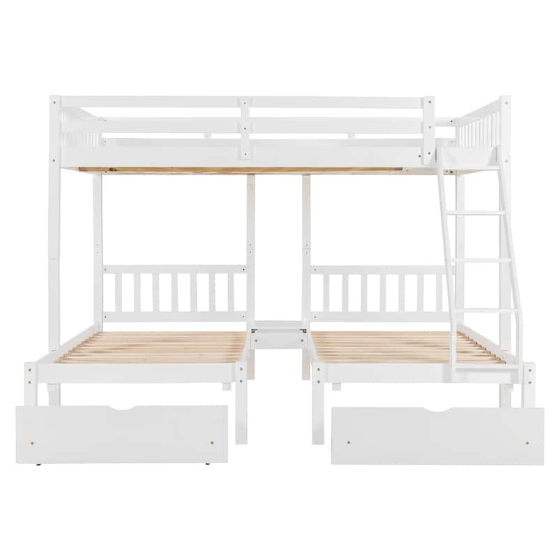 Detachable Triple Bunk Bed Convertible 3 Platform Beds, Wood Full Over Twin & Twin Bunk Bed Frame with Drawers and Guardrails