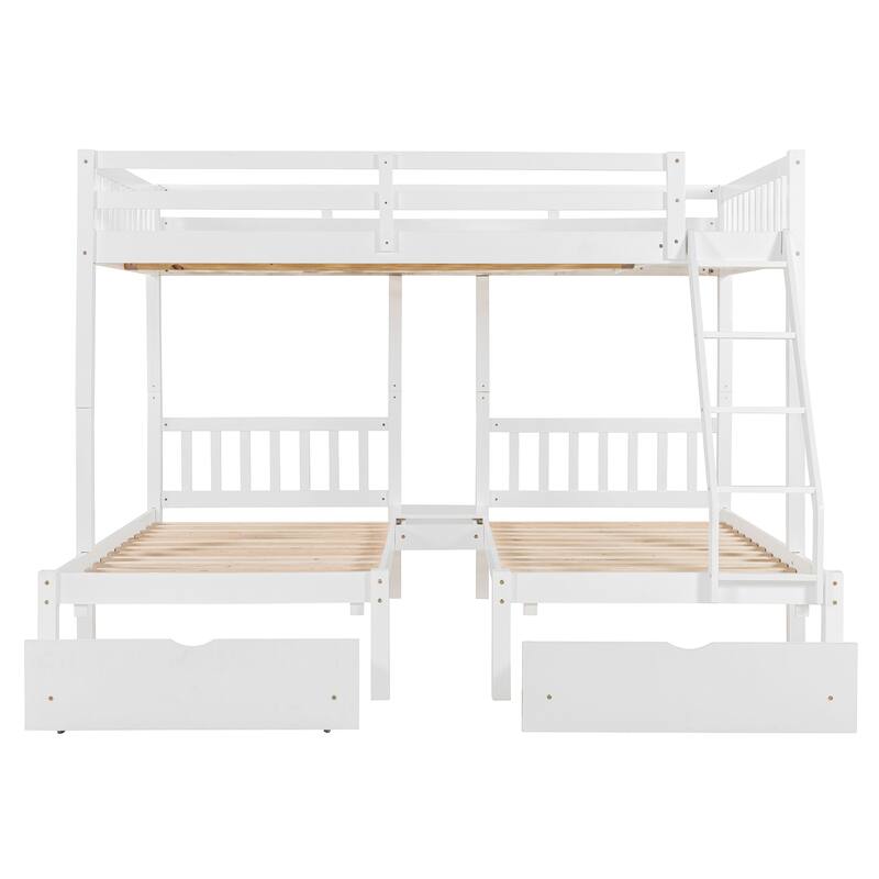Full Over Twin & Twin Bunk Bed, Wood Triple Bunk Bed with Drawers and Guardrails