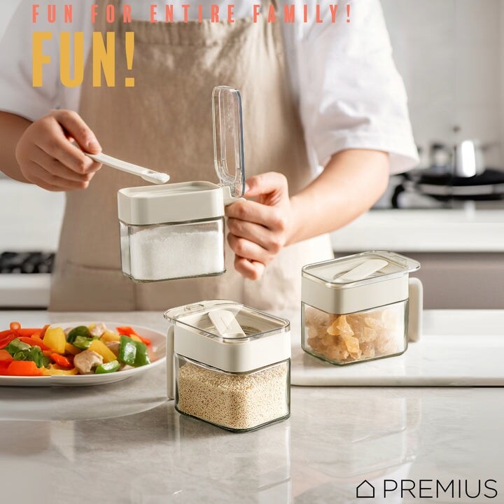 PREMIUS Stacking Glass Seasoning Spice Jar with No-Touch Spoon and