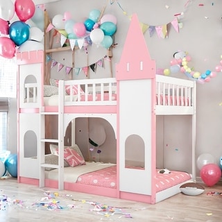 Fun Design Twin Over Twin Pink Castle Shape Bunk Beds, Kids Bunk Beds
