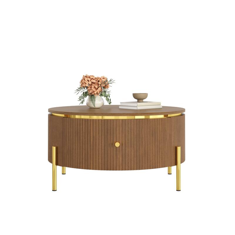 Modern Round Coffee Table with 2 large Drawers Storage Accent Table, Brown, 31.5"