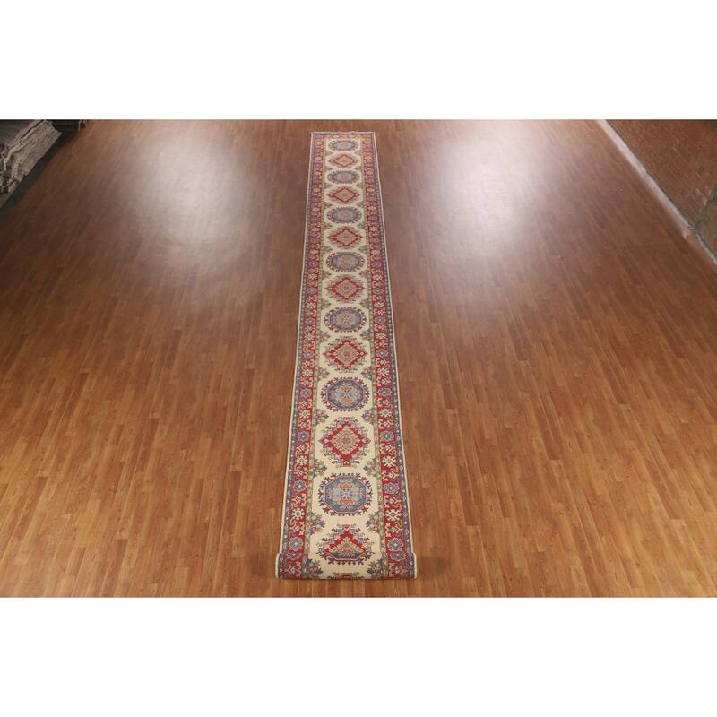 Kazak Runner Rug Hand-Knotted Beige Wool Carpet - 2'8" x 25'8"