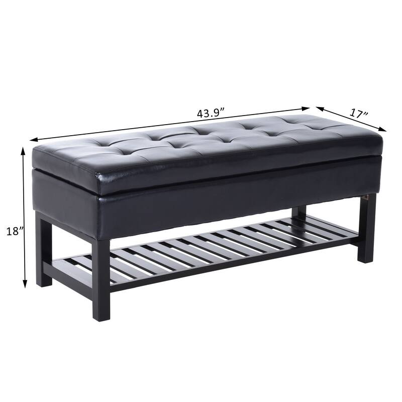 44" Tufted Faux Leather Ottoman Storage Bench With Shoe Rack