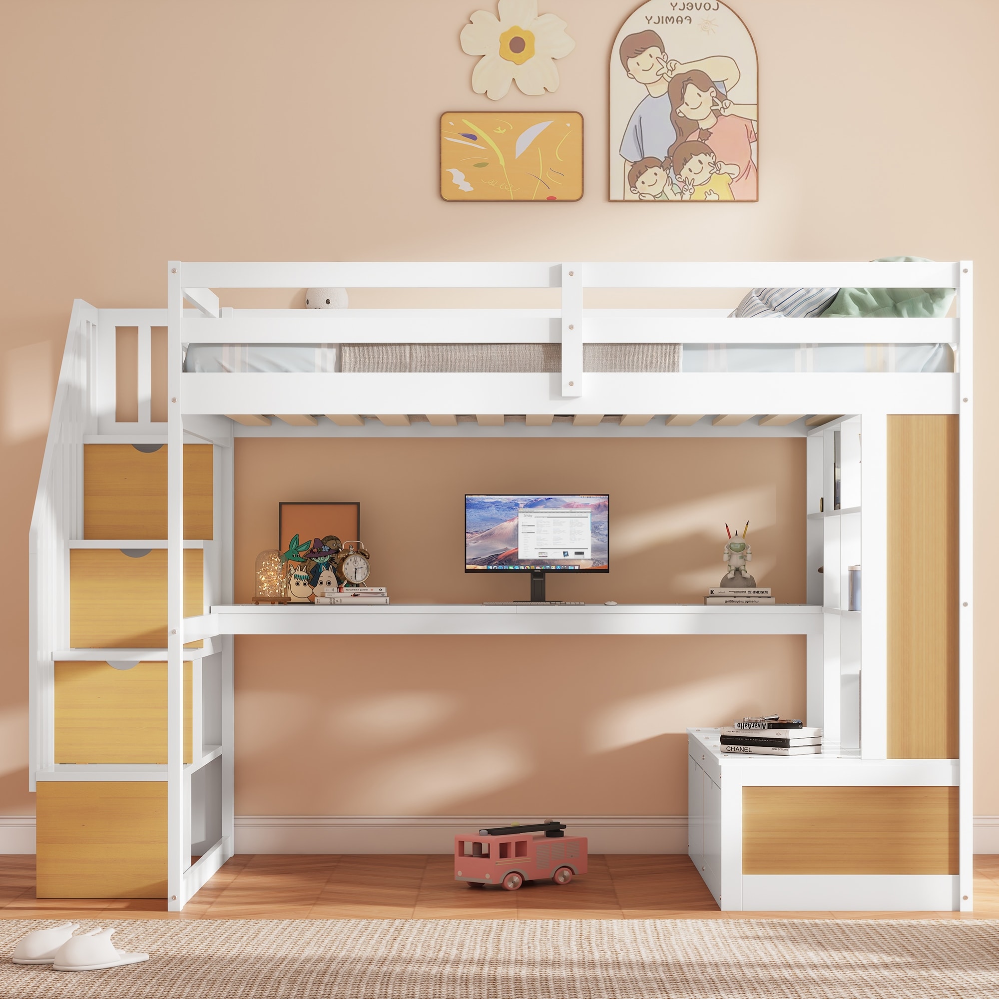 Full Loft Bed with Desk and Shelves, Two Built-in Drawers & Storage Staircase, Natural