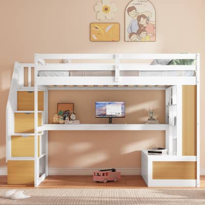 Full Size Loft Bed with 2 Drawers & Storage Staircase, Solid Wood Loft Bed Frame with Desk, Shelves, Full Length Guardrail
