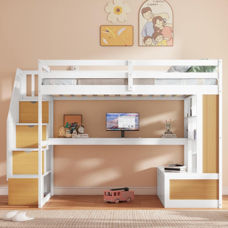 Full Size Solid Wood Loft Bed with Desk, Shelves, and Storage Staircase