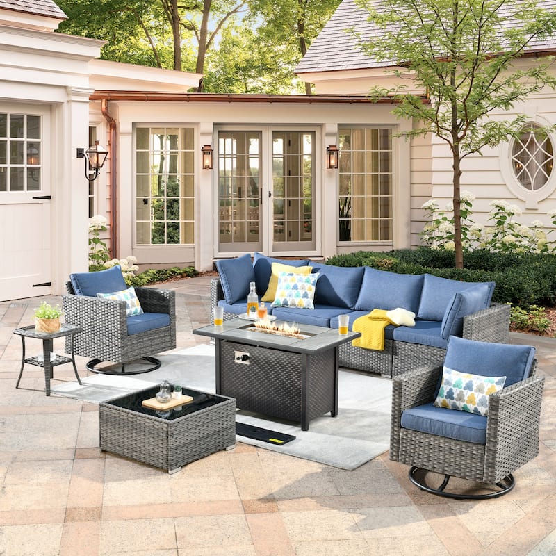 XIZZI 9 Pieces Patio Wicker Furniture Swivel Rocker with Firepit Table - Denim Blue