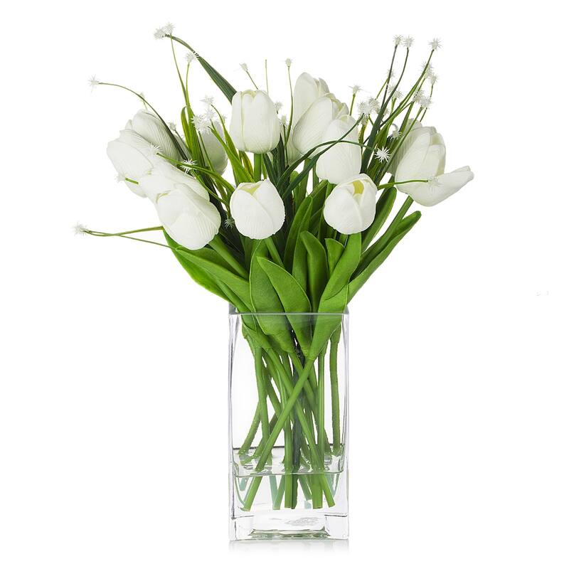 Enova Home Mixed Real Touch Tulip and Star Grasses Artificial Flowers Arrangement in Rectangular Glass Vase for Home Decór