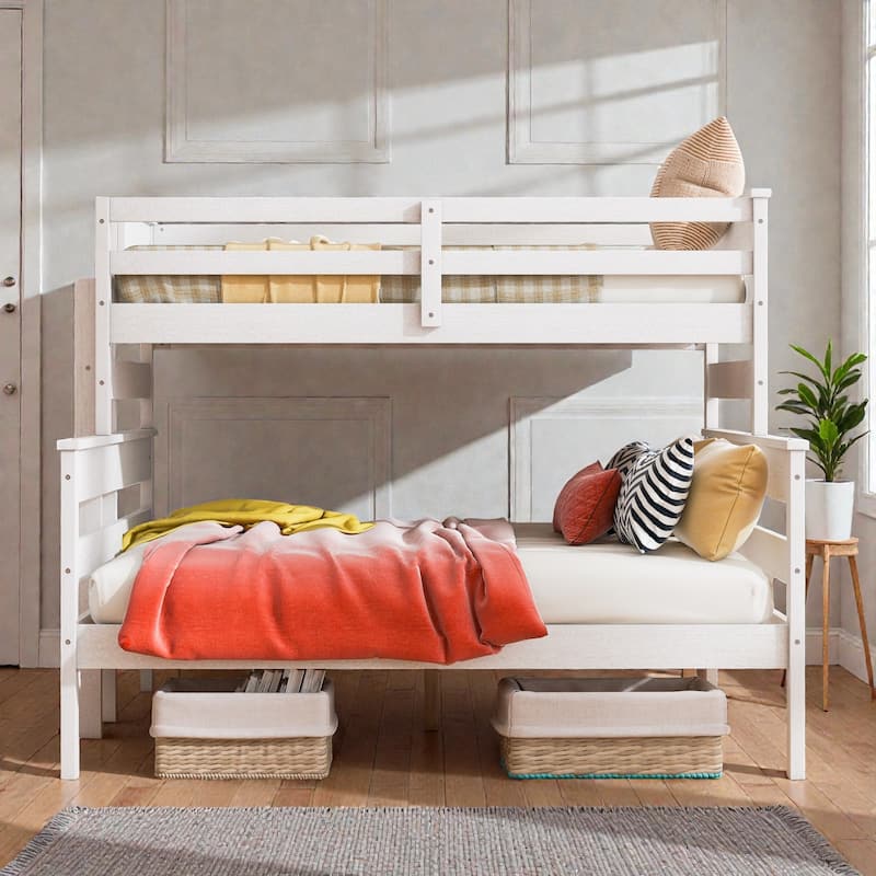 Wood Twin XL over Queen Bunk Bed with Ladder, Solid Pine Detachable Bunk Frame with Guardrails and Slat Support