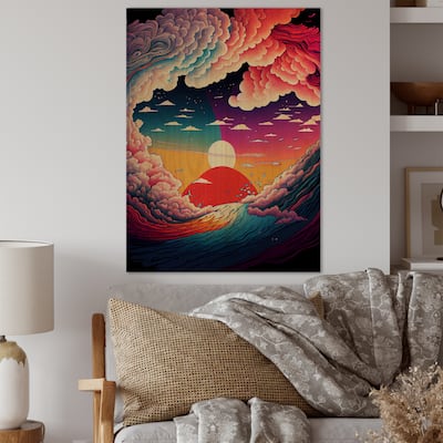 Designart 'Red Sunset Over The Wild Waves Of The Lake' Landscape Cottage Wood Wall Art - Natural Pine Wood