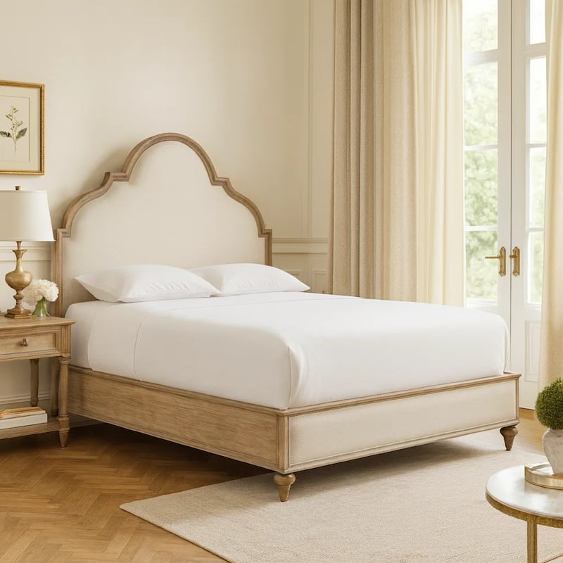 Lyla Queen Bed, Scalloped Ivory Upholstery, Rustic Oak Solid Wood