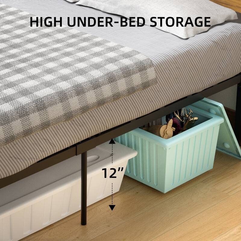 Bed Frame With Wood Headboard Supported By Metal Slats