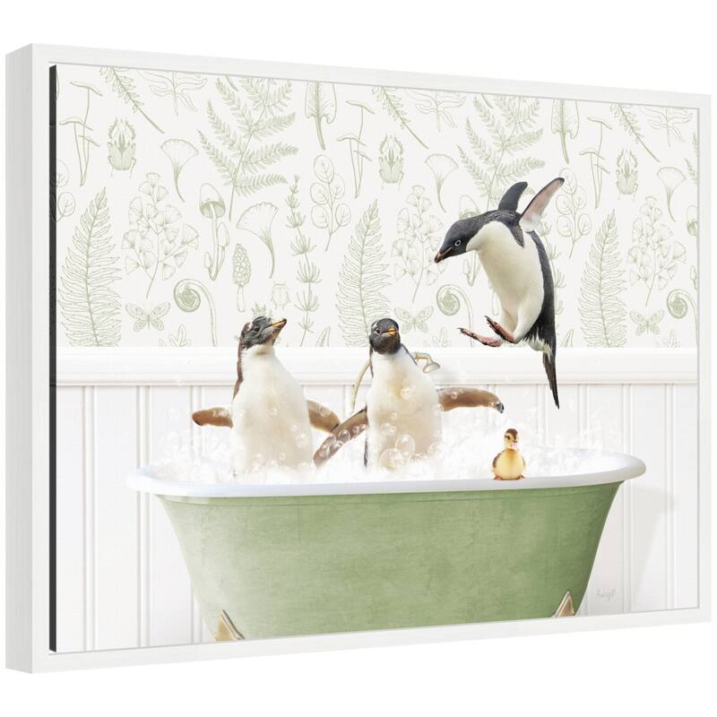 Kate and Laurel Sylvie Penguins in Fern Bath Framed Canvas by Amy Peterson - 24x18