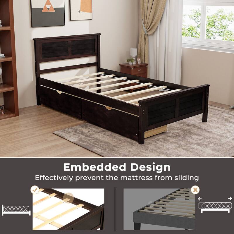 Gymax Twin Size Wooden Bed Frame with 2 Storage Drawers & Under-bed