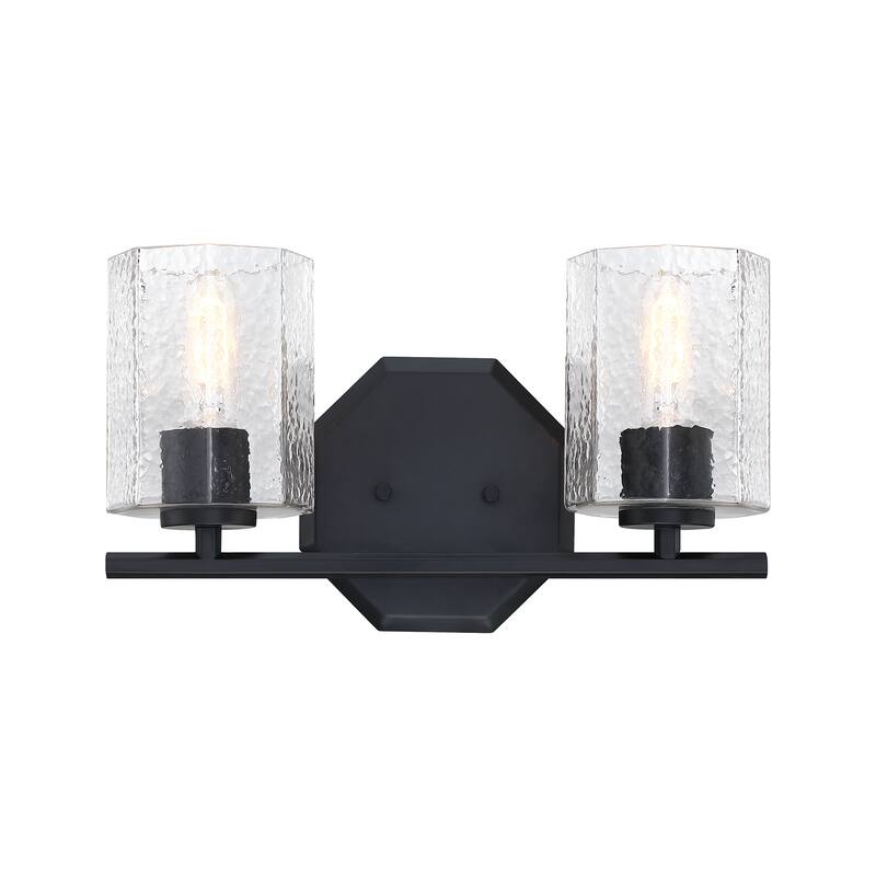 Haven 16 in. 2-Light Matte Black Vanity Light with Clear Rippled Glass Shades for Bathrooms