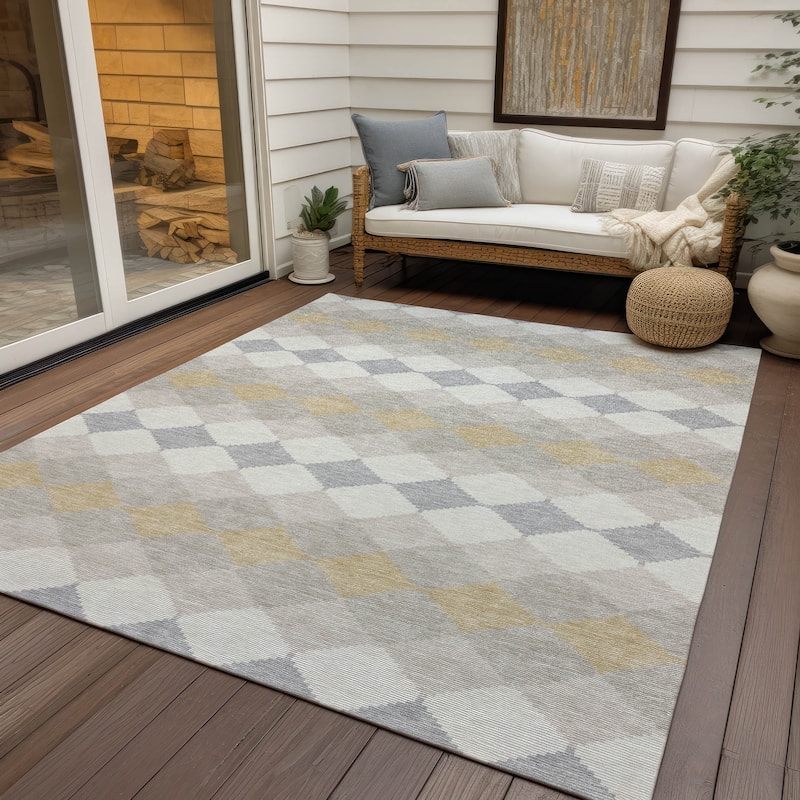 Machine Washable Indoor/ Outdoor Modern Mosaic Chantille Rug - Ivory - 10' x 14'