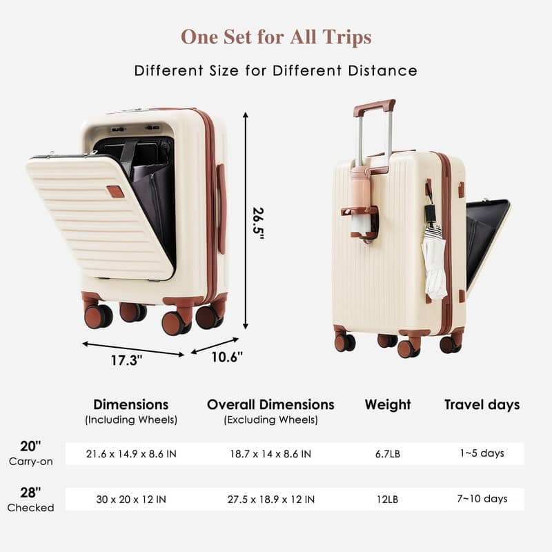 Front Opening 20-Inch Carry-On Luggage with Expandable Travel Bag Set