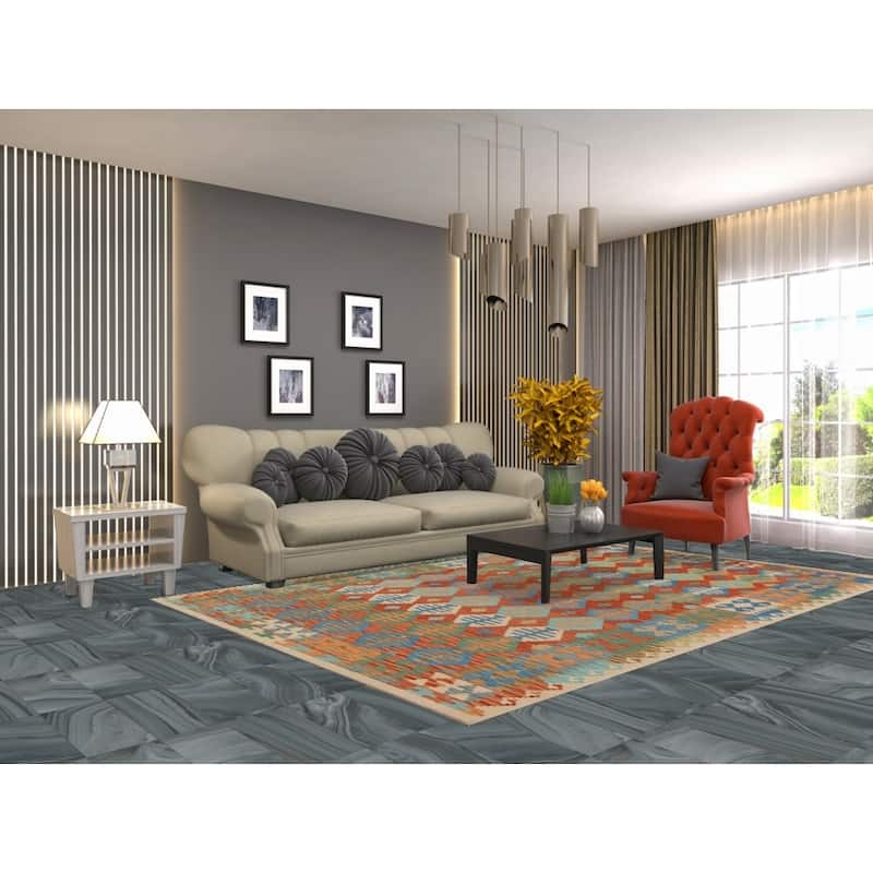 Hand Woven Oriental 100% Wool Carpet Southwestern Geometric Oranges & Rust Kilim Area Rug - 9' 7'' X 6' 5''