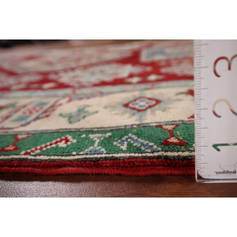 Geometric Red Kazak Area Rug Hand-Knotted Oriental Wool Carpet - 5'0" x 6'3"