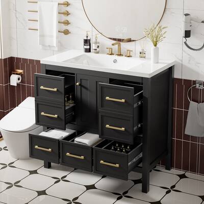 36-Inch Bathroom Vanity with 5 Drawers, Resin Sink, Soft-Close Doors, and Solid Wood Frame - Black - 36in L Solid Wood+MDF+Resin