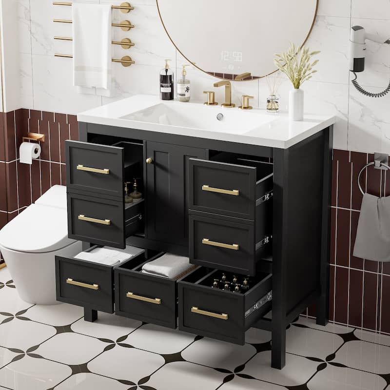 Roomfitters 36" Vanity with Resin Sink, Solid Wood Cabinet with 5 Drawers and Soft Closing Doors, Freestanding Storage Set