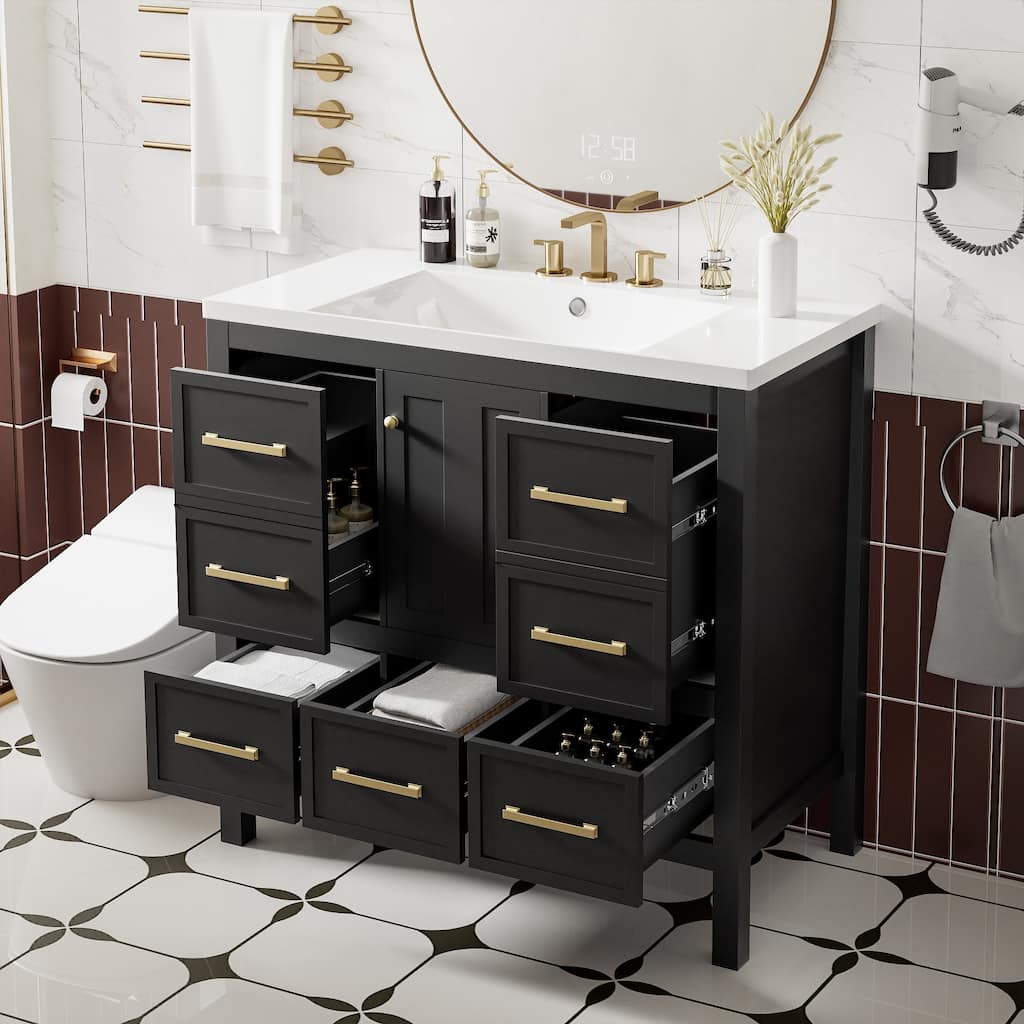 Roomfitters 36" Vanity with Resin Sink, Solid Wood Cabinet with 5 Drawers and Soft Closing Doors, Freestanding Storage Set