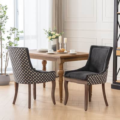 Ultra Side Dining Chair, Thickened fabric chairs with neutrally toned solid wood legs, Bronze nail head, Set of 2, Blue