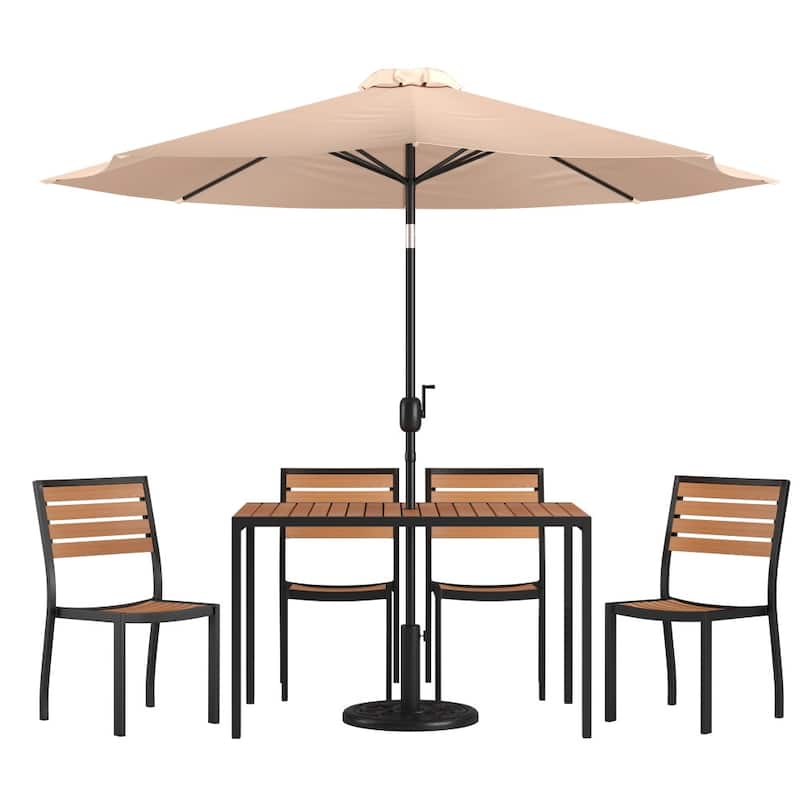 Faux Teak Patio Table, 4 Chairs & 9FT Patio Umbrella with Base