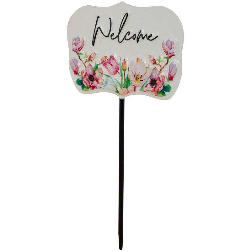 Floral Welcome Outdoor Yard Metal Garden Stake - 8" - White