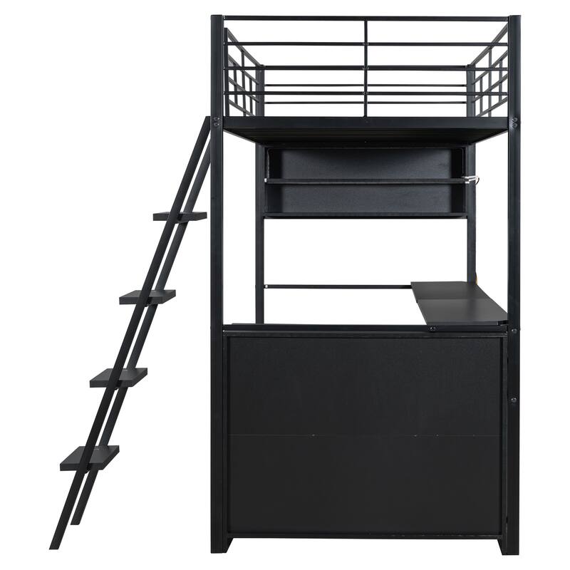 Full Size Loft Bed with Desk, LED Shelves, and Storage - Metal Frame with Guardrails and Ladder, Space-Saving Design for Teens
