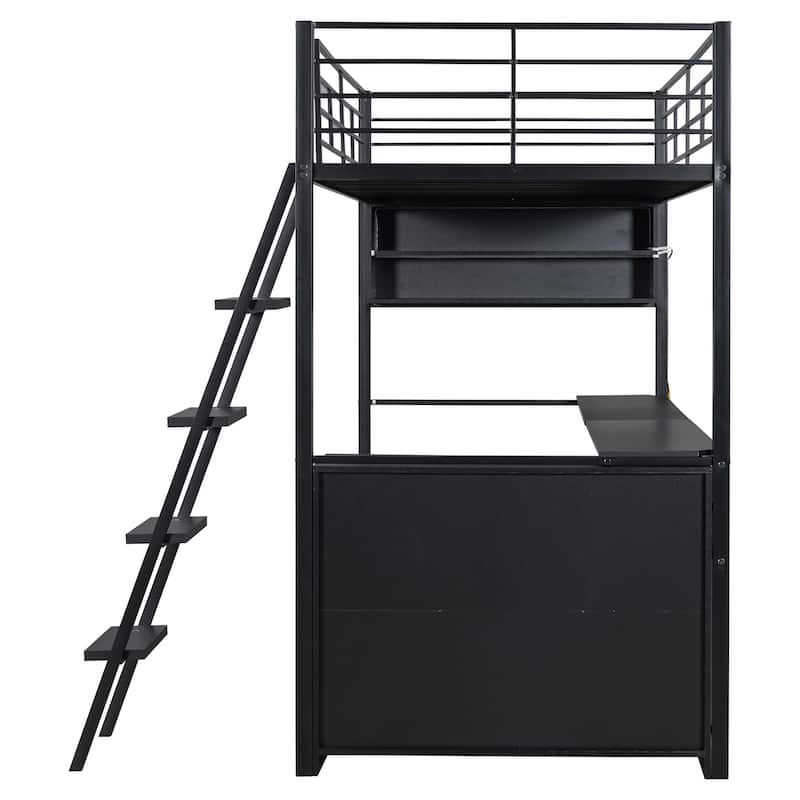 Metal Twin Size Loft Bed w/Desk & Stairs, Heavy Duty Loft Bed Frame w/LED Lights, Loft Bed Twin Size w/Storage Shelves for Kids