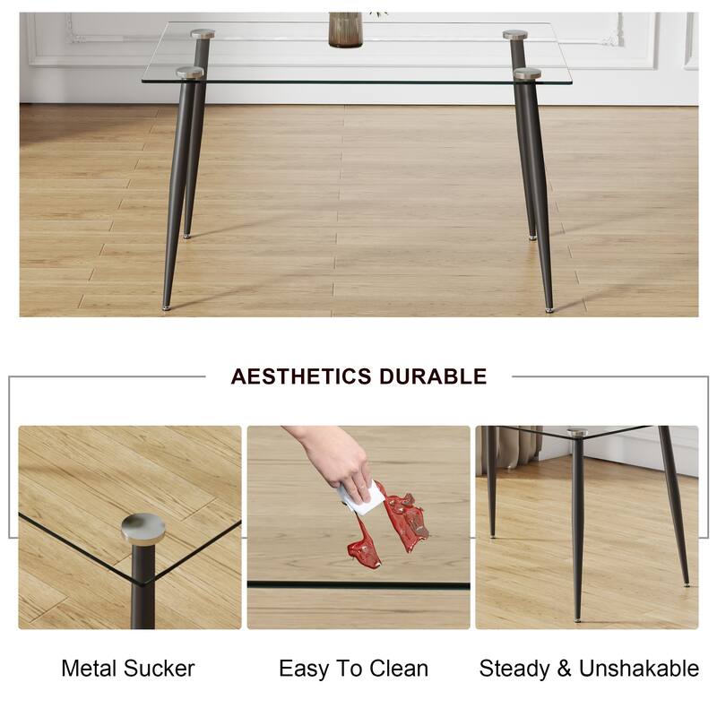Modern Rectangular Glass Dining Table, Suitable For 4-6 People, Equipped With Tempered Glass Tabletop And Metal Legs