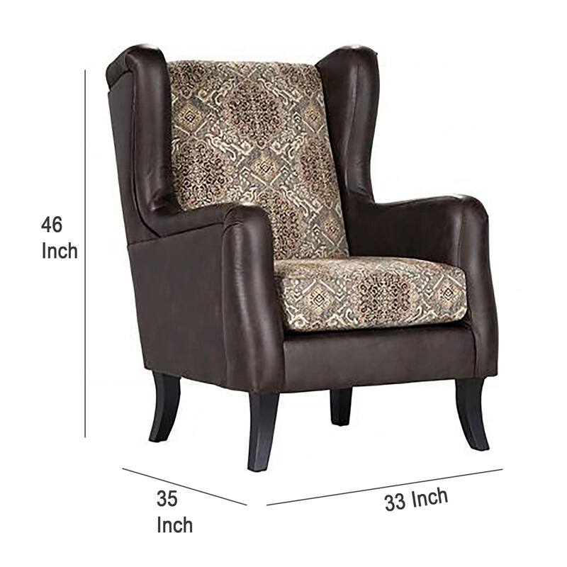 Miva Armchair, 33 Inch, Jacquard, Classic Wingback Brown Faux Leather