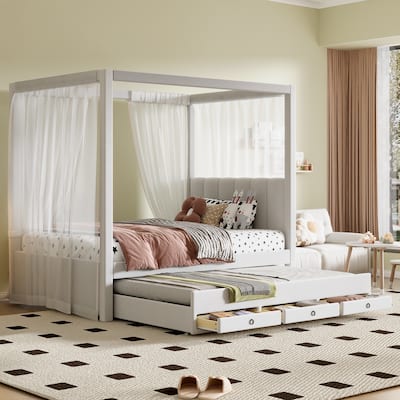 Beige Twin Size Canopy Bed with Trundle and 3 Storage Drawers